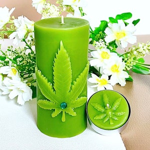 Vela de cannabis con cera de abejas - Vela de marihuana - Vela de hoja de marihuana - Vela decorativa - Vela de pilar