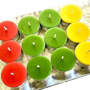 Dozen premium beeswax tealight candles - quality made pure beeswax candles - red yellow greeen tealights