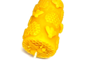 100% Pure beeswax honeybee candle - honeybee pillar candle - honeycomb candle - candle gift 4”