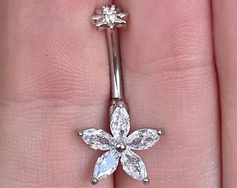 Piercing para el ombligo con flor marquesa, joya de plata para el ombligo, delicado piercing floral.