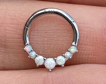 14K White Gold Opal Septum Ring, 16G Dainty Nose Clicker