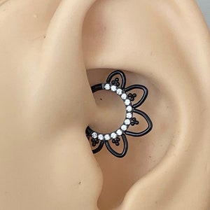 Black Titanium Daith Earring, Pavé CZ Fan Clicker Hoop, Boho Cartilage Piercing Jewelry
