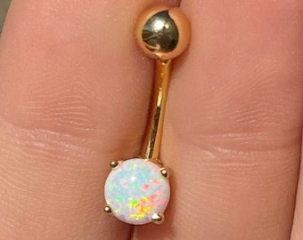 Piercing de ombligo de ópalo dorado, delicado piercing sin colgante, joyería corporal minimalista de ópalo sintético.