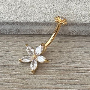 Internally Threaded Flower Belly Button Ring Dainty 14k Gold Plated Unique Minimalist Floral Belly Rings Delicate Floral Navel Ring Surgical