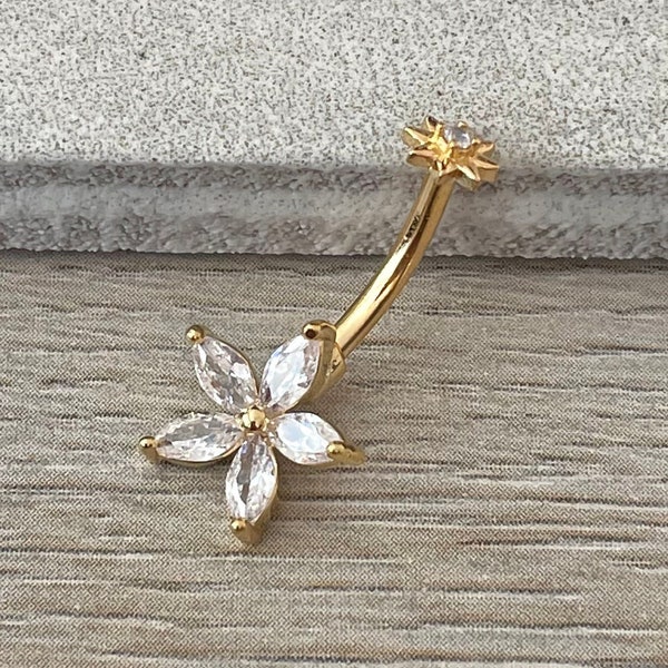 Internally Threaded Flower Belly Button Ring Dainty 14k Gold Plated Unique Minimalist Floral Belly Rings Delicate Floral Navel Ring Surgical