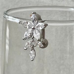 Floral Silver Top Down Belly Button Ring | Dangle Flower Floating Belly Ring | Reverse Drop Belly Ring | Dainty Back Statement Navel Ring