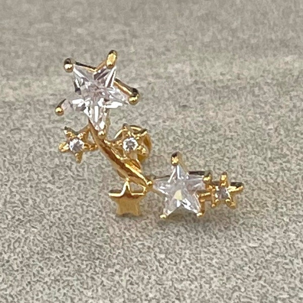 Gold Celestial Shooting Star Internally Threaded Tragus Piercing | Minimalist Ear Tragus Cartilage Rings Flat Back Earring  Stud Tragus Ring