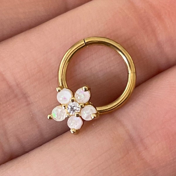 16G Gold Daith Ring | 8mm Minimalist Floral Daith Jewelry | Simple Daith Piercing Clicker | Cute Flower Opal Daith Tragus Cartilage Hoop