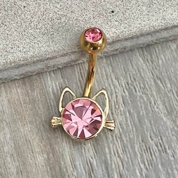 Cute Cat Belly Button Ring | Gold Cat Ear Belly Button/Navel Piercing Jewelry | Small Non Dangle 14G 10mm Pink Belly Rings Surgical Steel