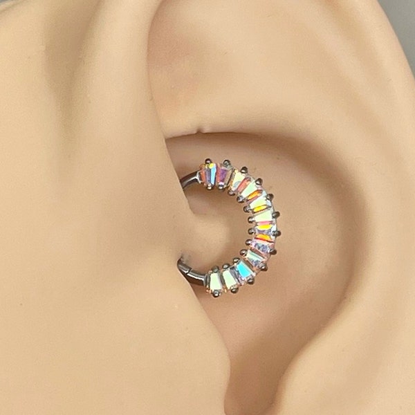 16G Aurora Daith Earring Titanium Clicker 8mm/10mm | CZ Crystal Daith Jewelry Silver | Daith Piercing CZ Cute Daith Earring Ear Clicker