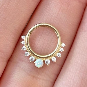 8mm 10mm 14K Solid Gold Septum Ring 16G | CZ Opal Dainty Septum Clicker Ring Opal Nose Ring Clicker Minimalist Dainty Nose Septum Ring