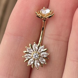 14k Gold Flower Belly Button Ring Internally Threaded Dainty Unique Cute Floral Belly Rings Delicate Floral Navel Ring Surgical Steel