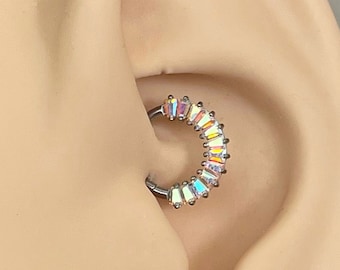 16G Aurora Daith Earring Titanium Clicker 8mm/10mm | CZ Crystal Daith Jewelry Silver | Daith Piercing CZ Cute Daith Earring Ear Clicker