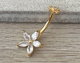 Internally Threaded Flower Belly Button Ring Dainty 14k Gold Plated Unique Minimalist Floral Belly Rings Delicate Floral Navel Ring Surgical