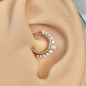 8mm 14k Solid Gold Daith Earring Dainty 16G | CZ Opal Daith Jewelry Dainty Daith Clicker Ring Opal Ring Clicker Minimalist Dainty Rook Hoop