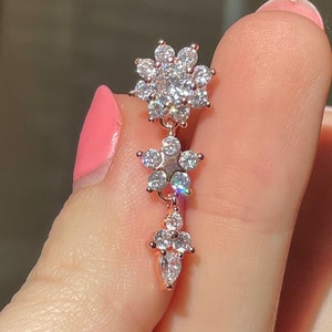 Rose Gold Top Down Belly Button Ring | Flower CZ Dangle Floating Belly Ring Reverse Drop Belly Ring Dainty Unique Navel Ring Surgical Steel