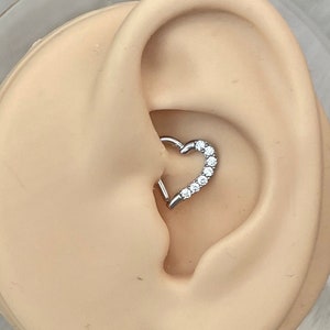 16G Solid White Gold Heart Daith Earring 8mm CZ Cute Daith Jewelry Dainty 14k Gold Daith Piercing Ear Clicker Minimalist Cartilage Rook Hoop