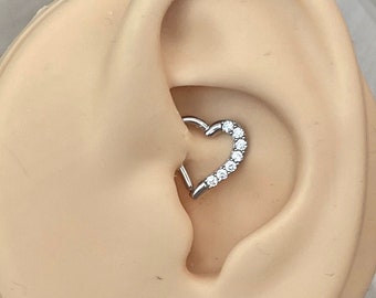 16G Solid White Gold Heart Daith Earring 8mm CZ Cute Daith Jewelry