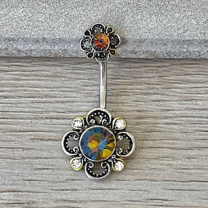Silver Color Shift Flower Belly Button Ring, Dainty Unique Minimalist Belly Rings, Delicate Floral Navel Ring, Navel Jewelry, Navel Piercing