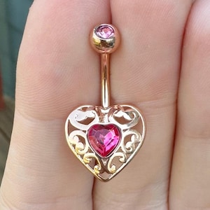 Pink Heart Belly Button Ring, Dainty Rose Gold Belly Button Piercing Jewelry, Cute Simple Navel Jewelry, Navel Piercing Ring Heart