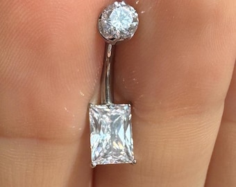 Silver Titanium Belly Button Ring, Rectangle CZ Navel Piercing, Sleek Minimalist Belly Jewelry