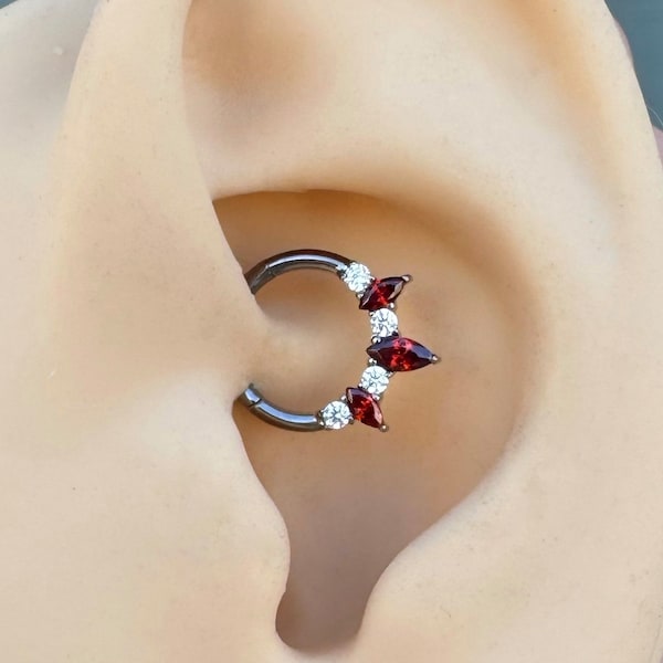 16G Daith Earring Titanium Clicker 8mm/10mm, CZ Crystal Daith Jewelry Silver Ruby, Daith Piercing CZ Cute Daith Earring Ear Clicker