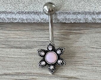 Elegant Belly Button Ring | Dainty Minimalist Silver Black Opal Vintage Belly Rings | Delicate Unique Navel Ring | Surgical Steel Belly Ring