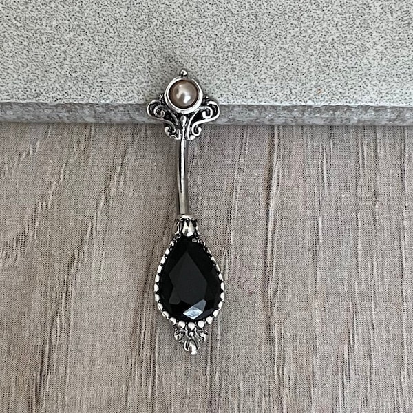 Elegant Silver Black Vintage Belly Button Ring | Dainty Minimalist Belly Rings | Delicate Unique Navel Ring | Surgical Steel Belly Ring
