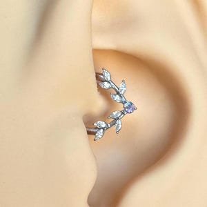 Silver Vine Daith Earring, Cute Dainty Leaf Daith Piercing Jewelry, Unique Daith Clicker, Daith Jewelry, CZ Silver or Gold