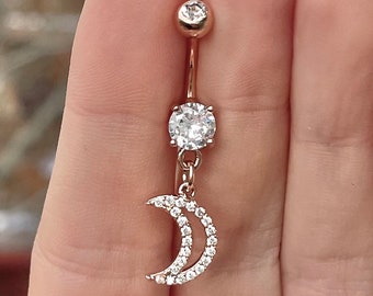 Rose Gold Moon Belly Button Ring | Dainty Delicate Belly Ring | Dangly Celestial Star Surgical Steel Belly Rings | Unique Navel Belly Ring