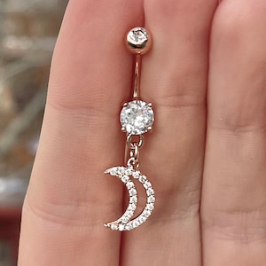Rose Gold Moon Belly Button Ring | Dainty Delicate Belly Ring | Dangly Celestial Star Surgical Steel Belly Rings | Unique Navel Belly Ring
