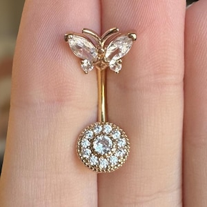 Dainty Gold Butterfly Belly Button Ring, Small Navel Ring, Cute Belly Button Piercing Jewelry with Butterfly Motif, Flat Disc Navel Piercing