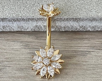 14k Gold Plated Flower Belly Button Ring Dainty Unique Minimalist Floral Belly Rings Delicate Floral Navel Ring Surgical Steel Double Mount
