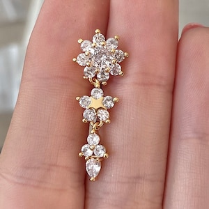 Gold Top Down Belly Button Ring | Flower CZ Dangly Floating Belly Ring Reverse Drop Belly Ring Dainty Unique Statement Navel Ring Surgical