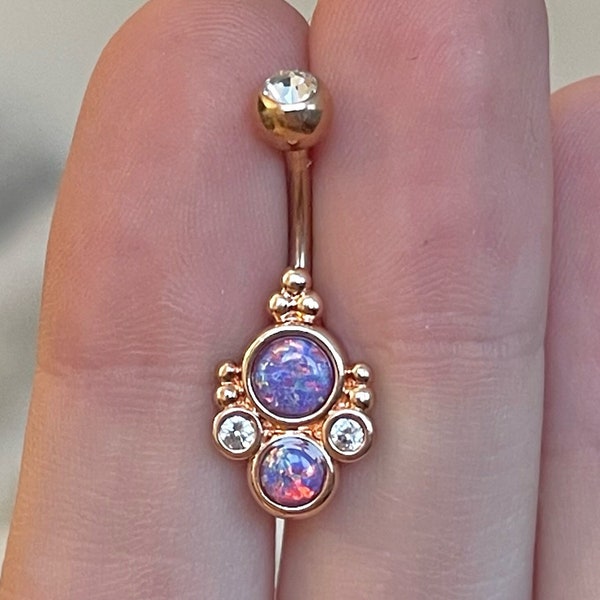 Piercing nombril or rose et opale violette | Anneau de nombril élégant et mignon en opale, bijoux de nombril pour elle