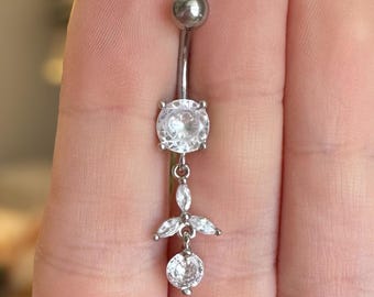 Dainty Marquise CZ Belly Button Ring with Dangly CZ, Minimalist Navel Piercing, Silver