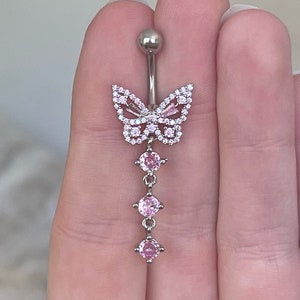 Pink Butterfly Belly Button Ring | Dainty Belly Button Jewelry Silver | Cute Belly Button Rings Unique Navel Ring Belly Button Piercing