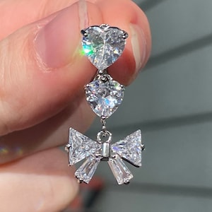 Top Down Bow & Heart Belly Button Ring | Silver or Gold Reverse Drop Floating Belly Button Piercing Navel Jewelry | Floating Belly Jewelry