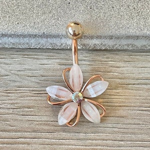 Hibiscus Rose Gold Flower Button Ring | Dainty Minimalist Belly Rings | Delicate Crystal Belly Ring | Surgical Navel Ring | Hawaii flower