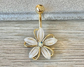 14k Gold Plated Hibiscus Flower Button Ring Dainty Minimalist Belly Rings Delicate Crystal Belly Ring | Surgical Navel Ring | Hawaii flower