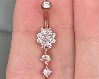Rose Gold Flower Belly Button Ring, Floral Navel Piercing, Dainty Surgical Steel Body Jewelry