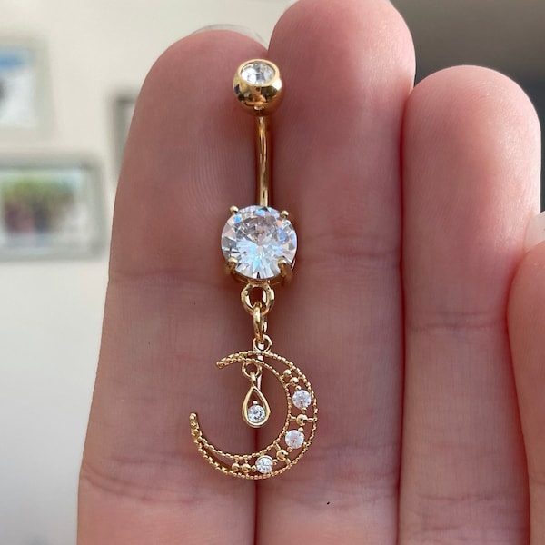 Gold Moon Belly Button Ring | Dainty Delicate Belly Ring | Elegant Celestial Star Belly Rings | Unique Cute Navel Belly Button Jewelry