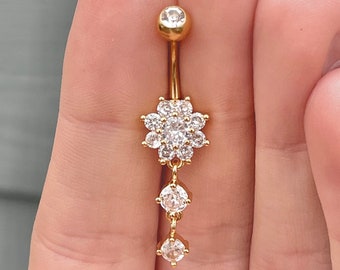 Gold Flower Belly Button Ring | Dainty Gold Unique Minimal Floral Belly Rings Delicate Floral Navel Ring Surgical Steel Piercing Jewelry