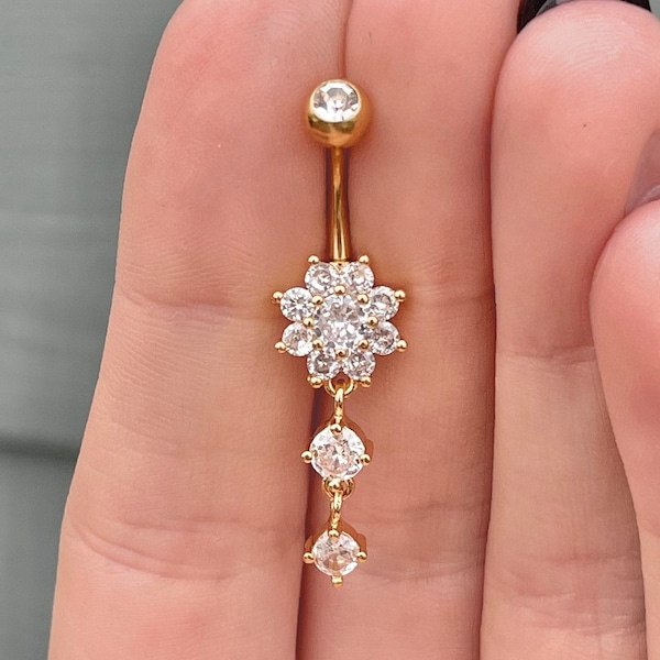 Gold Flower Belly Button Ring | Dainty Gold Unique Minimal Floral Belly Rings Delicate Floral Navel Ring Surgical Steel Piercing Jewelry