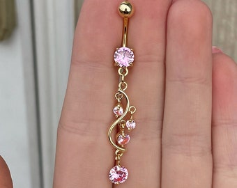 Gold Pink Crystal Belly Button Ring | Dainty Minimalist Belly Rings | Delicate Elegant Navel Ring | Surgical Steel Belly Ring Statement