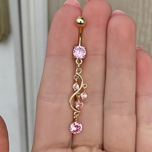 Gold Pink Crystal Belly Button Ring | Dainty Minimalist Belly Rings | Delicate Elegant Navel Ring | Surgical Steel Belly Ring Statement