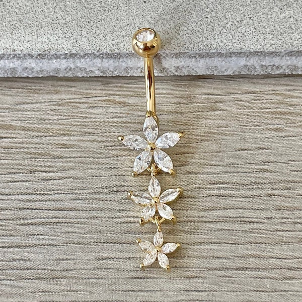 Gold Belly Button Ring Flower Drop | Dainty Floral Minimalist Belly Rings 14G Surgical Steel Navel Ring | Delicate Belly Button Piercings