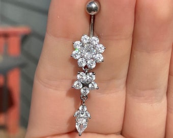 Silver Belly Button Ring | Flower CZ Dangly Belly Piercing Dainty Unique Statement Navel Ring Surgical Steel Belly Jewelry Piercings