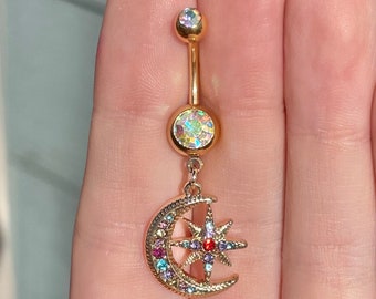 Belly Button Ring Moon Dangly, Gold Colorful Belly Button Navel Piercing Jewelry Dangly Gold Celestial Belly Rings Cute Piercing Colorful