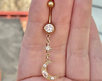 Gold Moon Belly Button Ring | Celestial Moon & Stars Belly Button Piercing Navel Jewelry